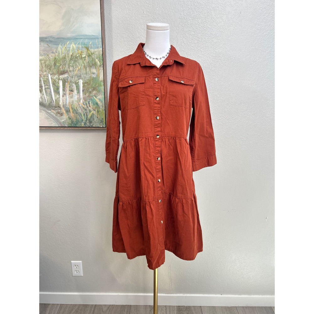 Rust Orange Cotton Tiered Shirt Dress 3/4 Sleeve Pockets Medium